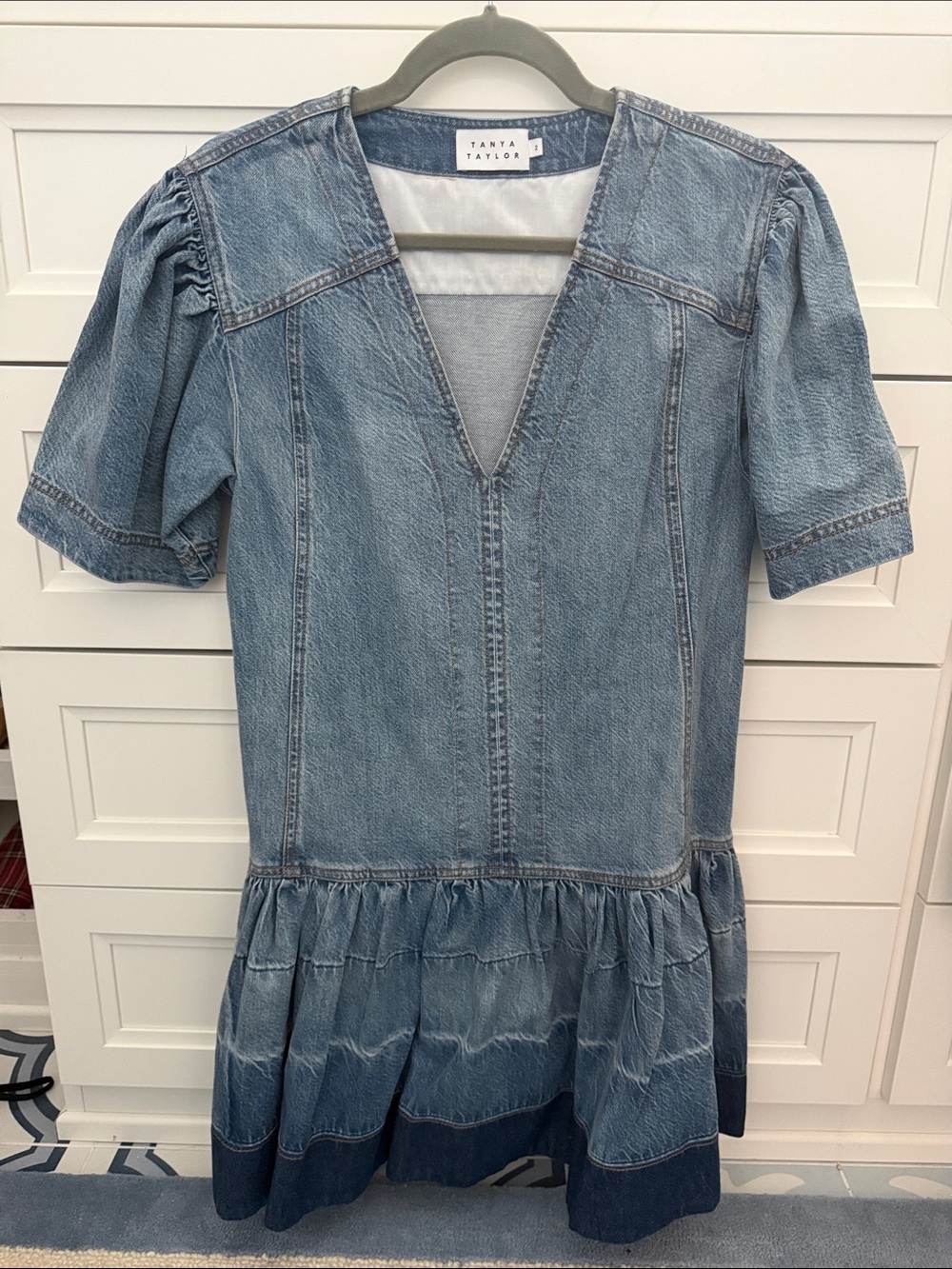 Tanya Taylor Light Wash Denim Dress with Tiered Hem